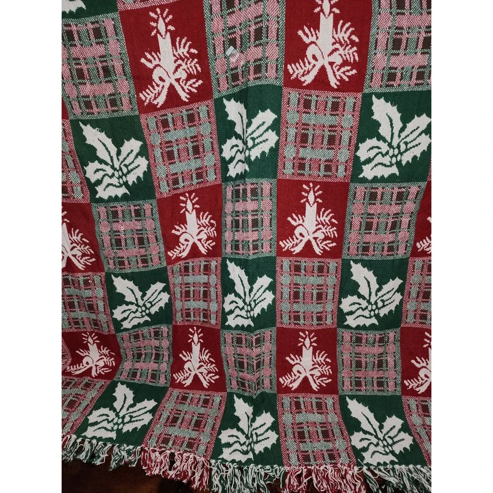Winter Holiday Christmas Candles and Holly Woven Blanket Afghan